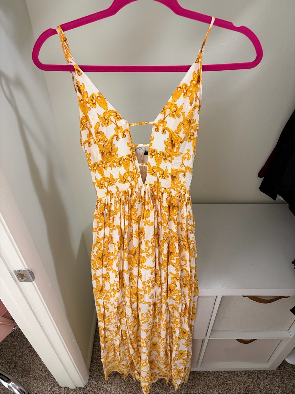 White and Gold Print Spaghetti-Strap Maxi Dress